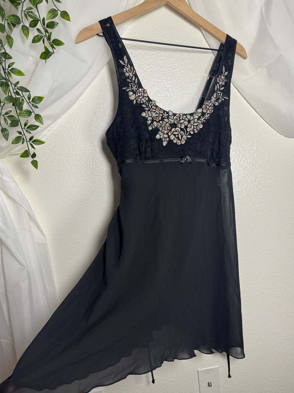 Whimsigoth Dark Fairy Black Lace Embellished Chemise Sheer Beaded Mini Dress